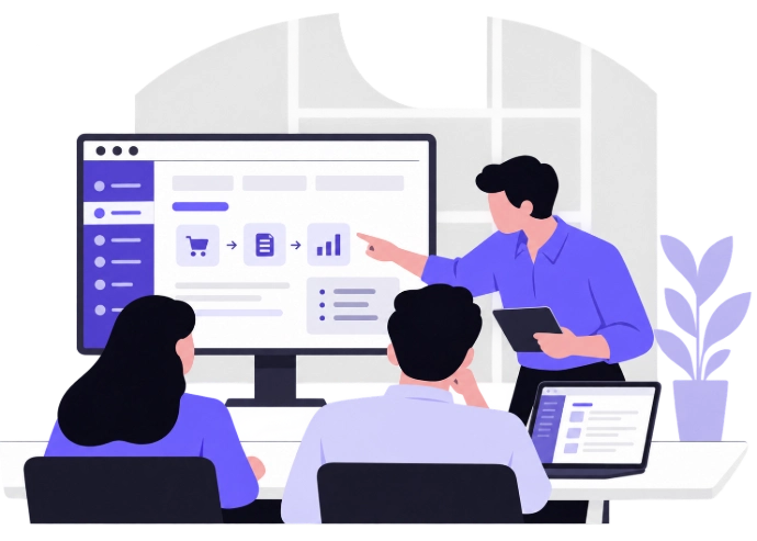 Illustrazione di una sessione di formazione sull'utilizzo di un software gestionale (Odoo) in una PMI Italiana.